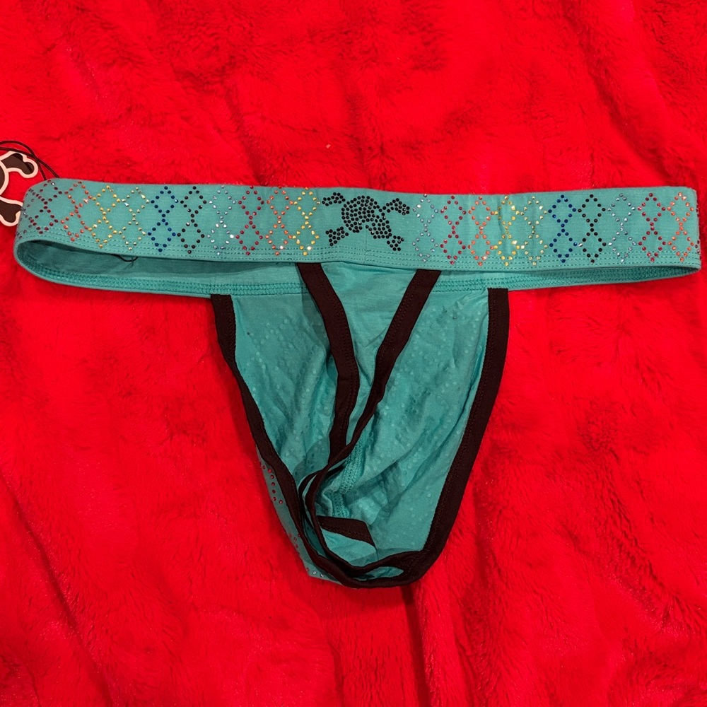 🆕 Skull & Bones Rainbow Crystal Thong Turquoise- XL (34-36” waist) - Picture 4 of 6